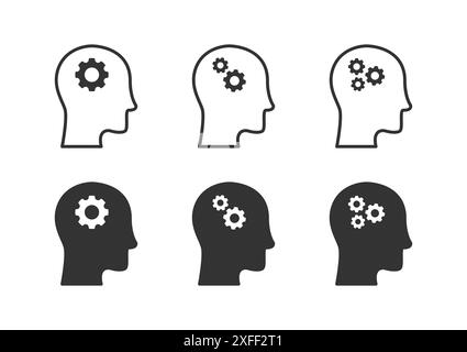 Gear in head icon set. Human head with cogwheels inside. Man head mind thinking. Flat vector illustration. Stock Vector