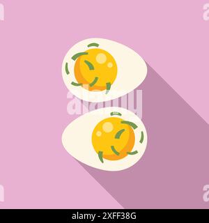 Two halves of a deviled egg are shown garnished with chives on a pink background with a long shadow Stock Vector