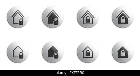 Lock house under protection icon set. Lockdown symbol. Safe home sign. Flat vector illustration Stock Vector