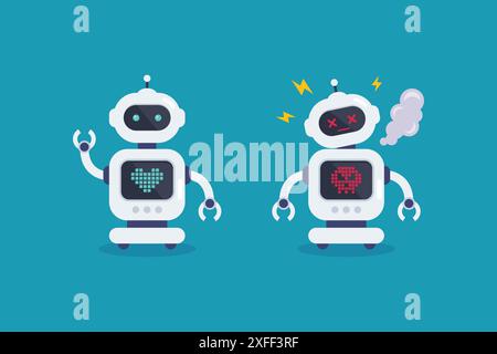 Set of normal robot and broken error robot with spark. Cyborg Technology and Futuristic Intelligence Machine. Vector illustration Stock Vector