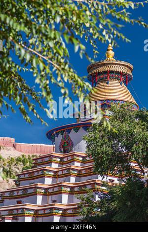 Bodhi Pagoda of Palcho Monastery(also named baiju Monastery) in Tibet, China, blue sky with copy space Stock Photo