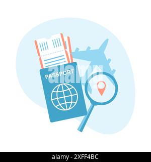 Travel planning. Passport with airline tickets, magnifying glass and an airplane. Flat vector illustration Stock Vector