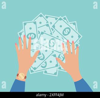 Female hands lying on a pile of dollar bills on a green background, top view. Flat vector illustration Stock Vector