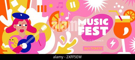 Summer music festival banner to open the warm season. Fresh atmosphere, cool drinks, music, a woman playing the guitar. Perfect for summer parties Stock Vector