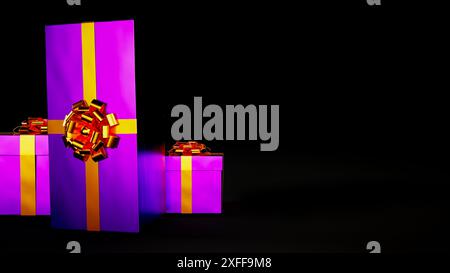 Halloween gift boxes with orange and purple colors isolated on black background and copy space. 3d render. Stock Photo