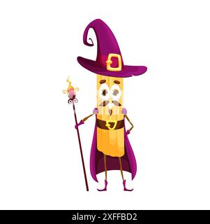 Cartoon Halloween italian pasta wizard character. Isolated vector penne in hat and robe, holding staff, casting spells, adding magic to spooky season, and celebrating holiday with humor and creativity Stock Vector