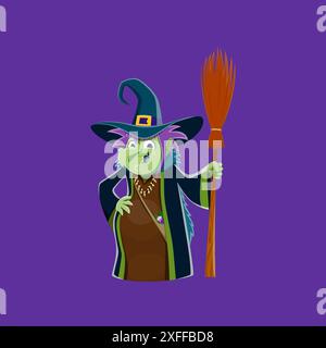 Cartoon Halloween witch character with broom. Isolated vector spooky, sinister woman with smiling face and green skin wear pointed hat and long dress. Hex in magician costume, scary hag personage Stock Vector