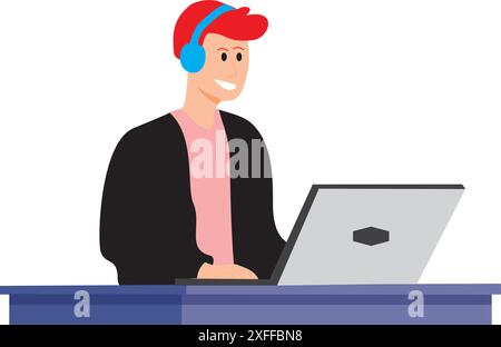 Man wearing blue headset working with a laptop on a desk on a white background Stock Vector
