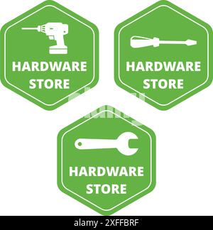 Hardware store green banners with text on a white background Stock Vector
