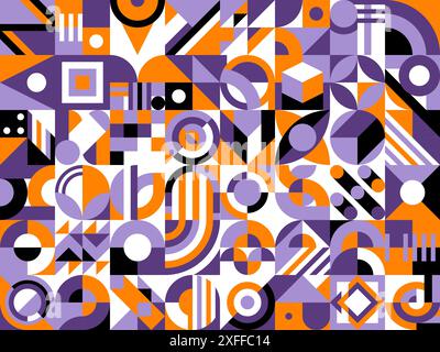 Halloween abstract modern geometric pattern for holiday, vector background. Halloween pattern of orange, purple and black minimal shapes and mosaic simple figures art for trick or treat horror night Stock Vector
