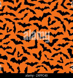 Halloween bats seamless pattern background for horror night holiday, cartoon vector. Halloween trick or treat party decoration pattern with clouds of flying black bats silhouette on orange background Stock Vector