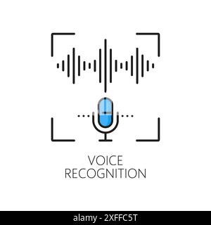 Voice recognition, biometric identification or verification icon. ID security technology, identity biometric recognition or digital identification outline vector icon with microphone and sound waves Stock Vector