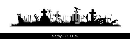 Halloween frame border and divider with black silhouettes of zombie hands, pumpkins, tombstones, grave crosses, cat and raven, cemetery fence. Isolated vector spooky decorative holiday elements Stock Vector