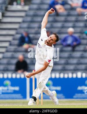 Cheltenham, UK, 3 July 2024. Gloucestershire's Zaman Akhter bowling during the Vitality County Championship Division Two match between Gloucestershire and Glamorgan. Credit: Robbie Stephenson/Gloucestershire Cricket/Alamy Live News Stock Photo