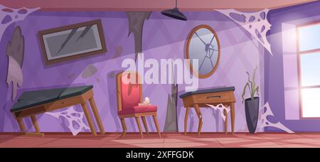Broken interior. Damaged furniture in old style interior cracked sofas dirty chairs in living room exact vector background Stock Vector