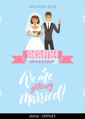 wedding placard. poster with getting married characters wedding invitation templates with place for text Stock Vector