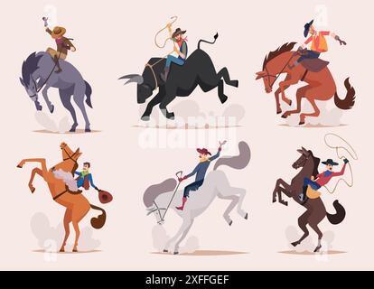 Cowboy. Wild bull riders man with lasso riding on horse exact vector cowboy illustrations Stock Vector