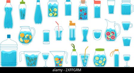 Water containers. Cups cans containers and bottles with liquid detox drinks recent vector illustrations set Stock Vector