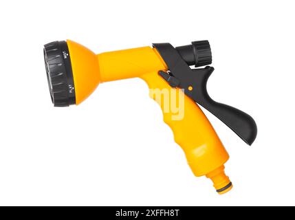 yellow nozzle on a hose for watering isolated on a white background. Stock Photo