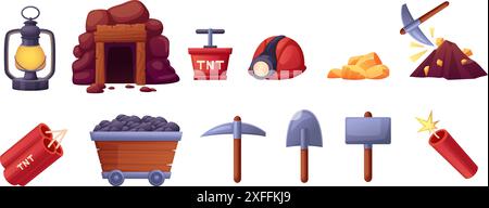 Cartoon mining tools. Mine equipments, shovel and pick, dynamite tnt and hammer. Cart with coal, golden gem stones and cave arch, nowaday vector set Stock Vector