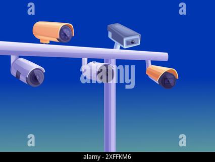 City road security. Enforcement cameras on highway. Cctv, police radar on urban modern roads. Monitoring systems, urban safety control vector scene Stock Vector