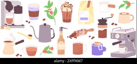 Coffee beans and makers. Mugs, to go cup, pack and topping. Macchiato espresso americano drinks. Morning energy beverages racy vector set Stock Vector