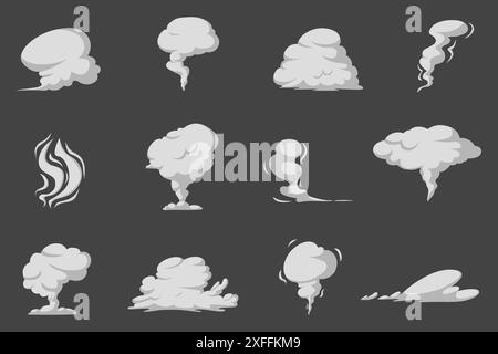 Cartoon grey smoke clouds. Air pollution, explosion of dust effects. Fog move up, game smokes elements. Steams and gas icons, nowaday vector set Stock Vector
