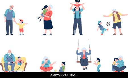 Grandparents characters. Grandfather and grandmother spend time with grandchildren. Family activities, hugs play with ball and video games, recent Stock Vector