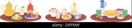 Arabian food on tray. Moroccan jugs and pots, crockery and cups. Festive iftar party dishes, fruits and cereals in bowls. Vector east meals set Stock Vector