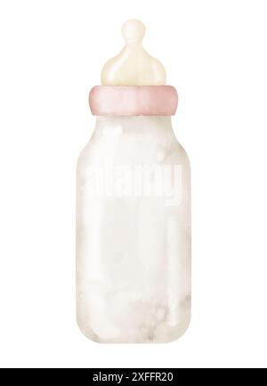 Watercolor Baby Bottle for milk. Hand drawn illustration on isolated background. Object for child food. Drawing for greeting cards or invitations. Plastic element for little Girl. Pastel pink colors. Stock Photo