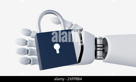 A 3D rendering of a robotic hand holding a floating padlock Stock Photo