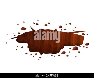 Deep hole in the ground with grass and stones. Brown soil, large cracks and ruins. Digging of sand coal waste rock. Detailed drawing in cartoon style Stock Vector