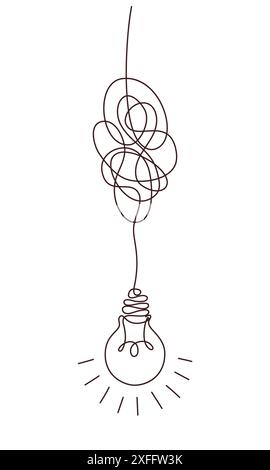 Solution concept of chaos in thoughts with hanging light bulbs with one glowing. Complex problem solving process in hand drawn style. Vector Stock Vector