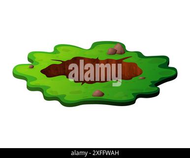 Deep hole in the ground with grass and stones. Brown soil, large cracks and ruins. Digging of sand coal waste rock. Detailed drawing in cartoon style Stock Vector