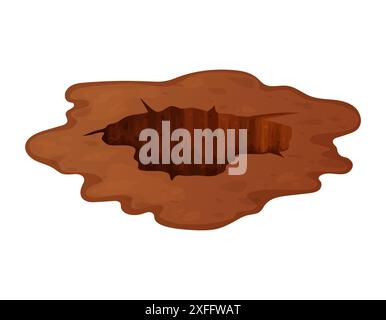 Deep hole in the ground with grass and stones. Brown soil, large cracks and ruins. Digging of sand coal waste rock. Detailed drawing in cartoon style Stock Vector