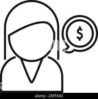 Businesswoman is speaking with a speech bubble containing a dollar sign, symbolizing a conversation about finances Stock Vector