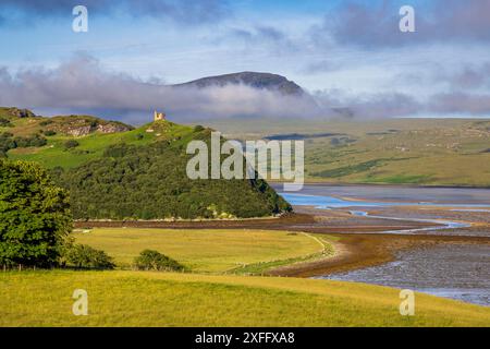 Castle Varrich overlooking the Kyle of Tongue from the NC500 with Ben Hope in the background, Sutherland, North Scotland Stock Photo