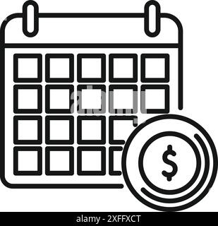 Line icon of a calendar showing salary day with dollar coin, concept of payday or payroll Stock Vector