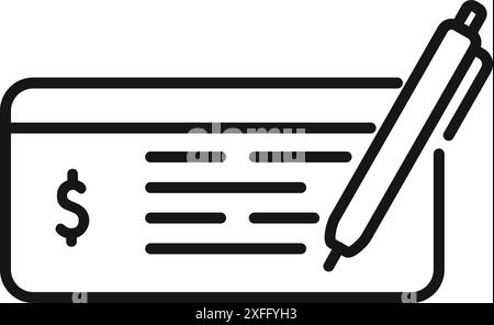 Line art icon of a bank check being filled out with dollar sign Stock Vector