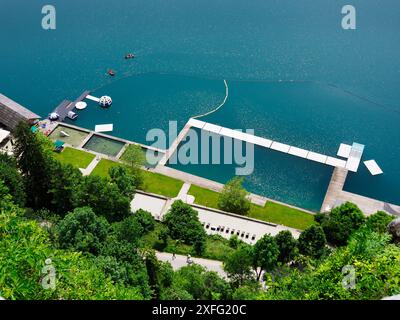 The Castle Bathing Area viewed from Bled Castle in Bled Upper Carniola Slovenia Stock Photo