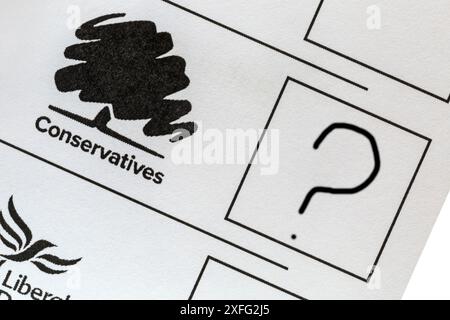 Spoiled spoilt ballot paper for forthcoming Parliamentary General Election 2024 in UK - wasted vote Conservatives Stock Photo