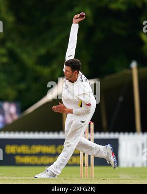 Cheltenham, UK, 3 July 2024. Gloucestershire's Ollie Price bowling during the Vitality County Championship Division Two match between Gloucestershire and Glamorgan. Credit: Robbie Stephenson/Gloucestershire Cricket/Alamy Live News Stock Photo