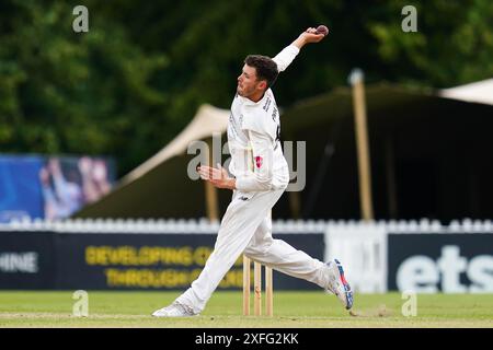 Cheltenham, UK, 3 July 2024. Gloucestershire's Ollie Price bowling during the Vitality County Championship Division Two match between Gloucestershire and Glamorgan. Credit: Robbie Stephenson/Gloucestershire Cricket/Alamy Live News Stock Photo