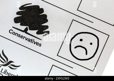 Spoiled spoilt ballot paper for forthcoming Parliamentary General Election 2024 in UK - wasted vote Conservatives Stock Photo