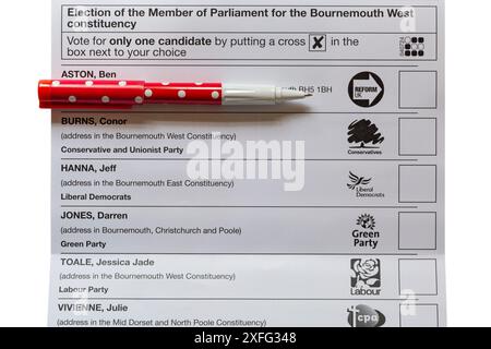 Candidates for Bournemouth West constituency on Ballot Paper for Parliamentary general  Election 2024 in UK Stock Photo