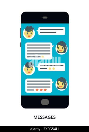 Messages concept on black smartphone with different user interface elements, flat vector illustration Stock Vector