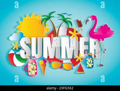 Summer concept with word, paper cut style vector illustration Stock Vector