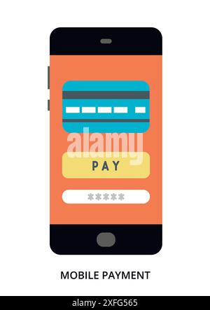 Mobile Payment concept on black smartphone with different user interface elements, flat vector illustration Stock Vector