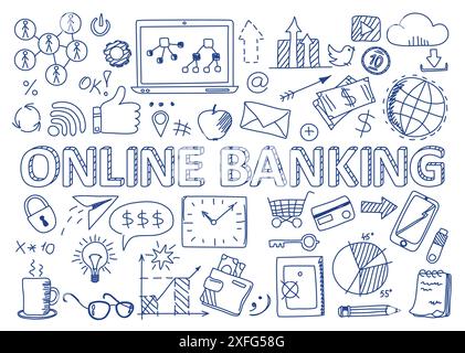 Hand drawn design vector illustration, set of online banking icons in doodles style, for graphic and web design Stock Vector
