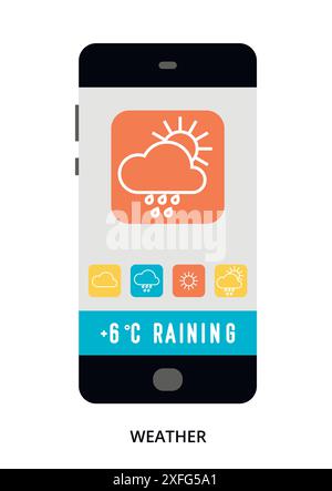 Weather concept on black smartphone with different user interface elements, flat vector illustration Stock Vector